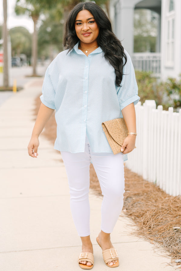 Chic Soul plus size clothing, light blue and white pin stripe button up collared top