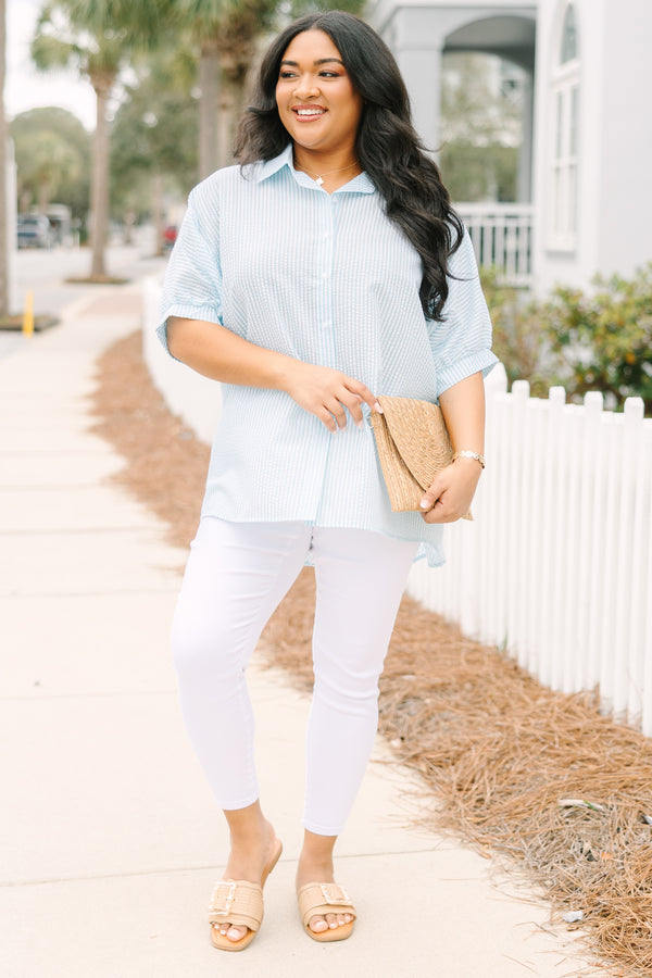 Chic Soul plus size clothing, light blue and white pin stripe button up collared top