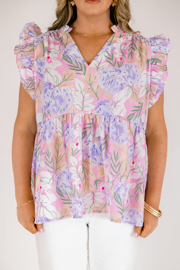 Chic Soul plus size clothing purple and pink floral print baby doll top with v neck cutout and ruffle cap sleeves