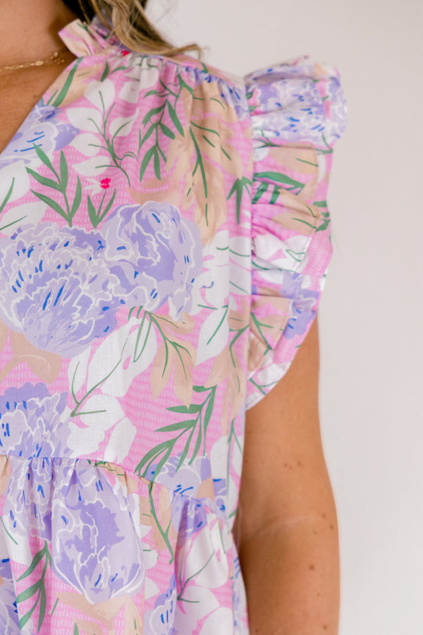 Chic Soul plus size clothing purple and pink floral print baby doll top with v neck cutout and ruffle cap sleeves