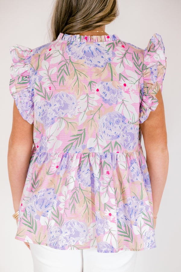 Chic Soul plus size clothing purple and pink floral print baby doll top with v neck cutout and ruffle cap sleeves