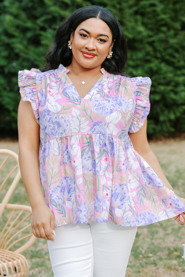 Chic Soul plus size clothing purple and pink floral print baby doll top with v neck cutout and ruffle cap sleeves