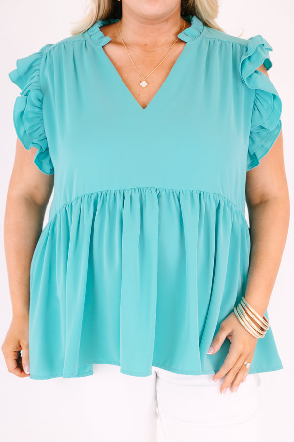 Chic Soul plus size clothing, teal baby doll top with ruffle flutter sleeves and a v-neckline 