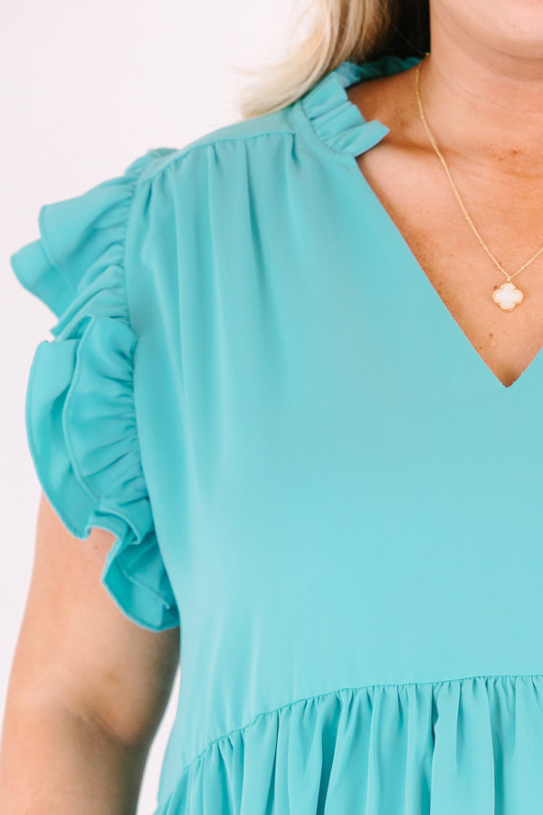 Chic Soul plus size clothing, teal baby doll top with ruffle flutter sleeves and a v-neckline 