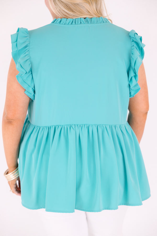 Chic Soul plus size clothing, teal baby doll top with ruffle flutter sleeves and a v-neckline 