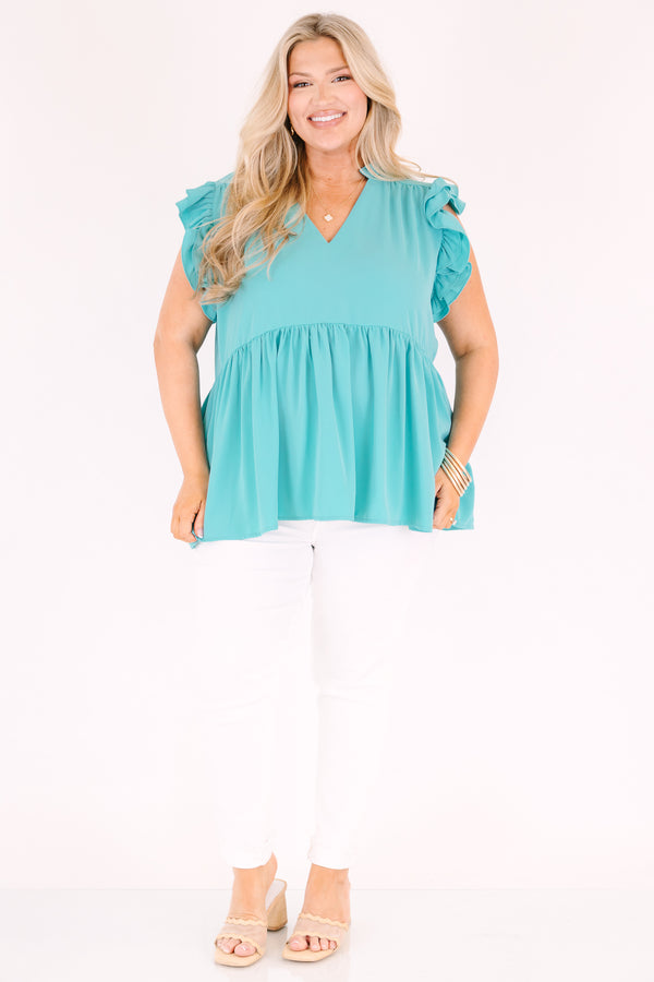 Chic Soul plus size clothing, teal baby doll top with ruffle flutter sleeves and a v-neckline 