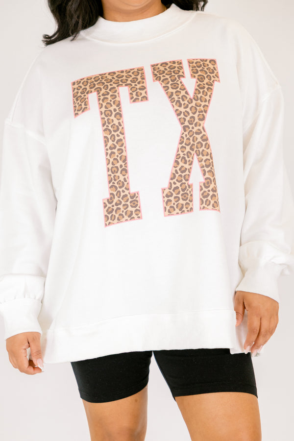 Chic Soul plus size clothing, off white long sleeve mockneck with TX block leopard print letters
