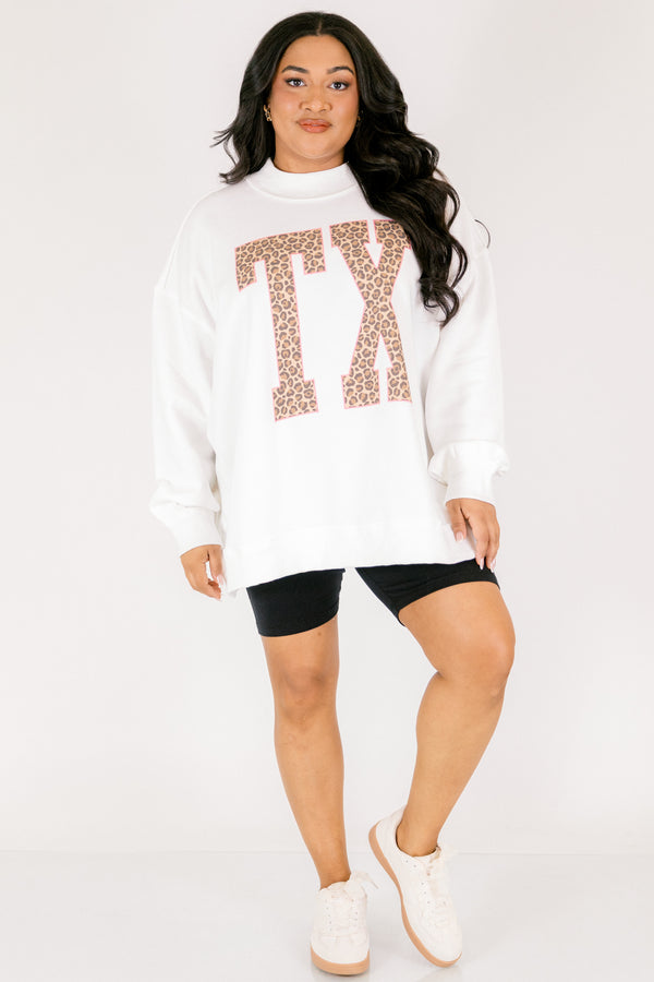 Chic Soul plus size clothing, off white long sleeve mockneck with TX block leopard print letters
