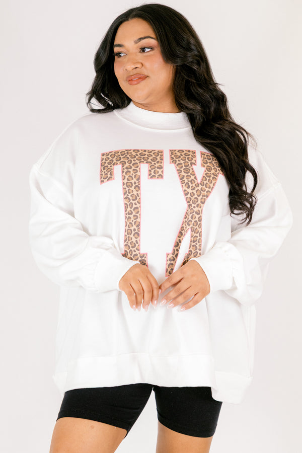 Chic Soul plus size clothing, off white long sleeve mockneck with TX block leopard print letters