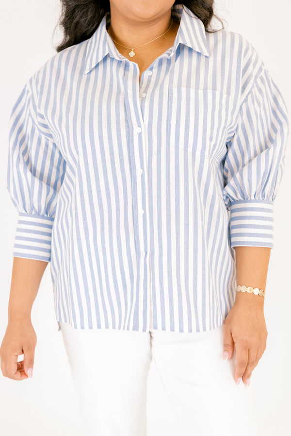 Chic Soul plus size clothing, three quarter length sleeve button up shirts with nautical blue and white stripes, front pocket and white buttons