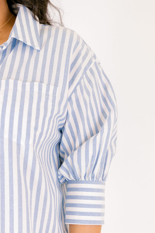 Chic Soul plus size clothing, three quarter length sleeve button up shirts with nautical blue and white stripes, front pocket and white buttons