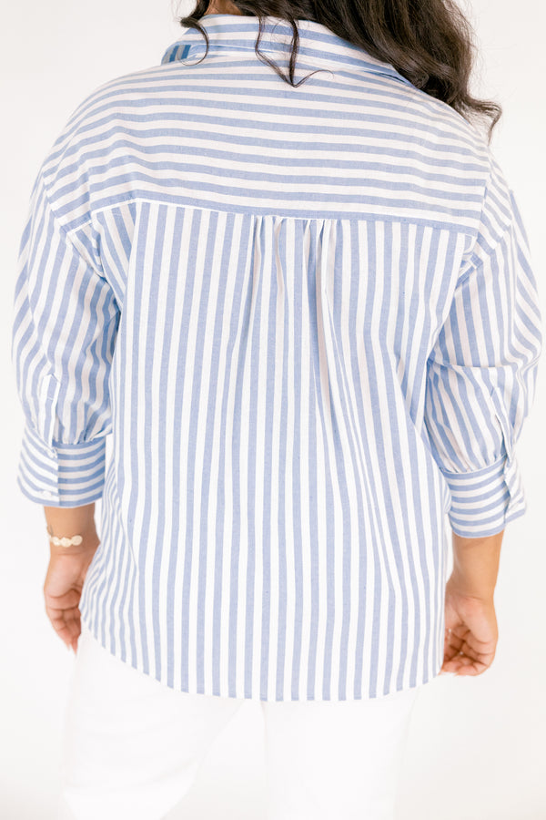 Chic Soul plus size clothing, three quarter length sleeve button up shirts with nautical blue and white stripes, front pocket and white buttons