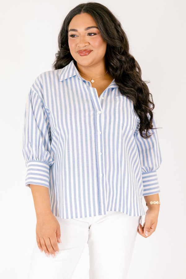 Chic Soul plus size clothing, three quarter length sleeve button up shirts with nautical blue and white stripes, front pocket and white buttons