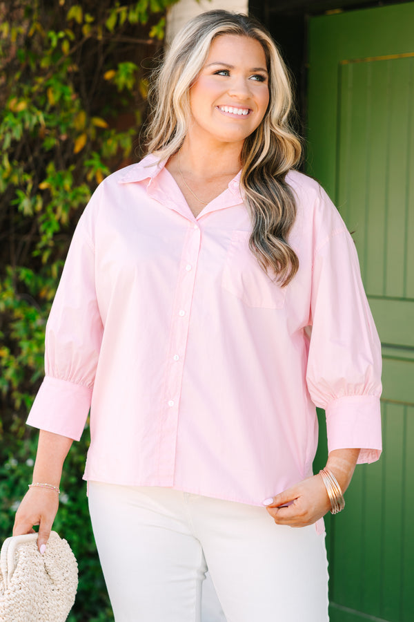 Chic Soul plus size clothing, pink button-up top with a v-neckline collar and half sleeves that have cuffs at the bottom of each sleeve 