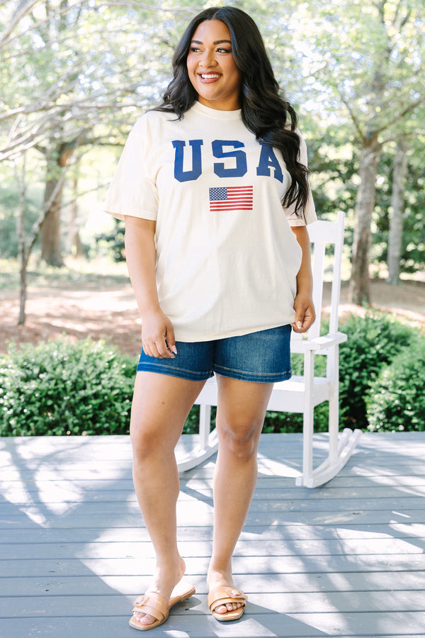 Chic Soul plus size clothing, white short sleeve tee with USA in navy block varsity style font with an American flag graphic below it