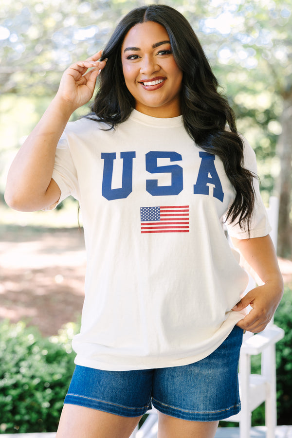 Chic Soul plus size clothing, white short sleeve tee with USA in navy block varsity style font with an American flag graphic below it