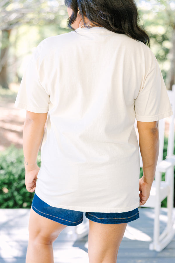 Chic Soul plus size clothing, white short sleeve tee with USA in navy block varsity style font with an American flag graphic below it