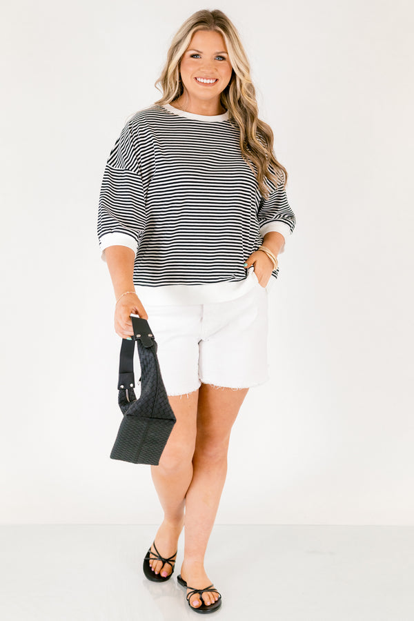 Chic Soul plus size clothing, black and white thin horizontal stripe cropped short sleeve tee with white stripe hem around the neckline, sleeves, and hem