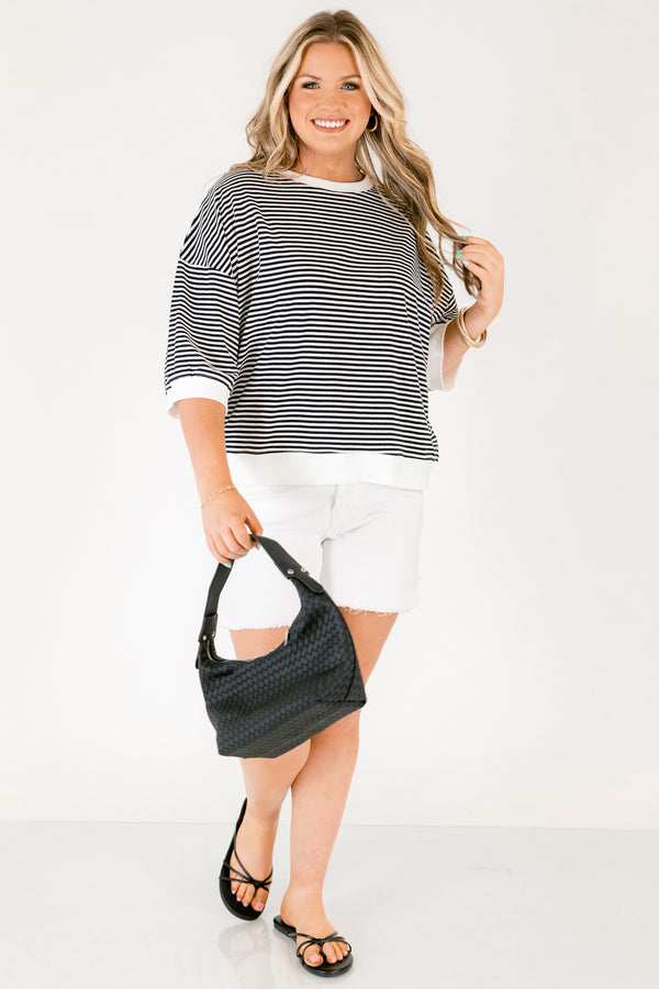 Chic Soul plus size clothing, black and white thin horizontal stripe cropped short sleeve tee with white stripe hem around the neckline, sleeves, and hem