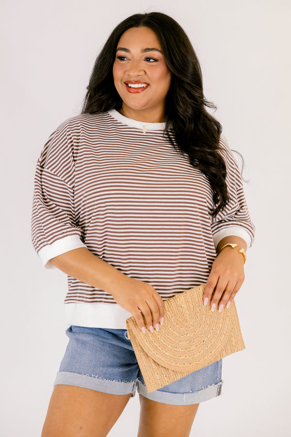 Chic Soul plus size clothing, brown and white thin striped short sleeve tee with thicker white stripe around the neckline, sleeves, and hem