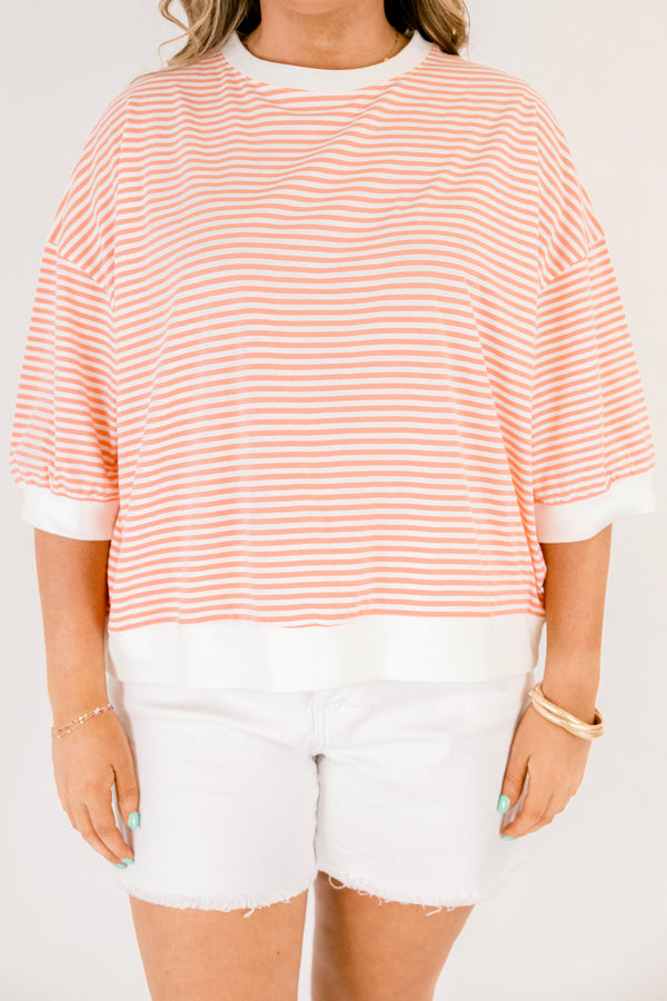 Chic Soul plus size clothing, coral and white thin horizontal stripe half sleeve cropped tee with thick white boarders around the neckline, sleeves, and hem