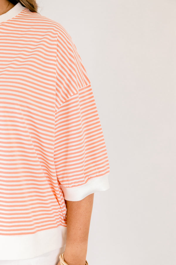 Chic Soul plus size clothing, coral and white thin horizontal stripe half sleeve cropped tee with thick white boarders around the neckline, sleeves, and hem
