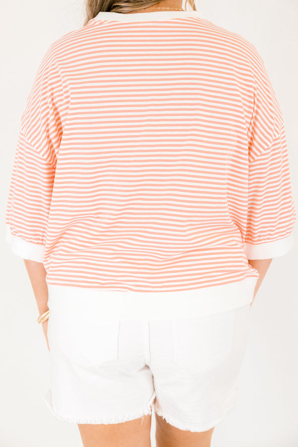 Chic Soul plus size clothing, coral and white thin horizontal stripe half sleeve cropped tee with thick white boarders around the neckline, sleeves, and hem