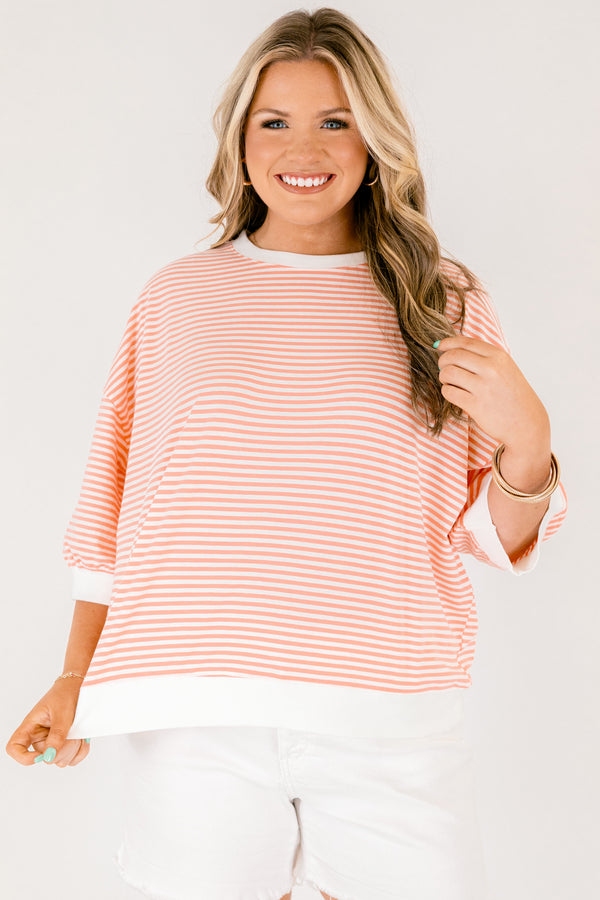 Chic Soul plus size clothing, coral and white thin horizontal stripe half sleeve cropped tee with thick white boarders around the neckline, sleeves, and hem