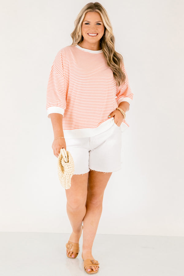 Chic Soul plus size clothing, coral and white thin horizontal stripe half sleeve cropped tee with thick white boarders around the neckline, sleeves, and hem