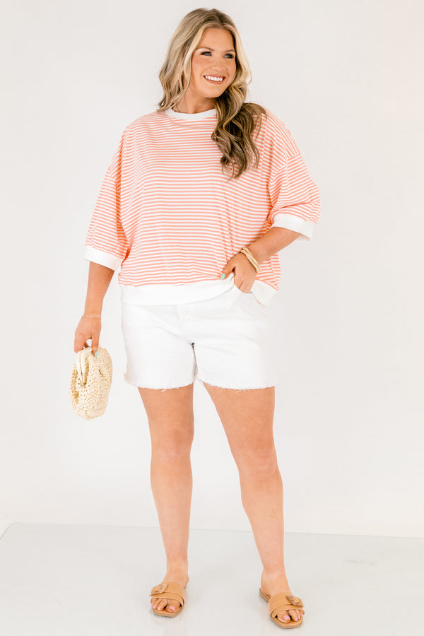 Chic Soul plus size clothing, coral and white thin horizontal stripe half sleeve cropped tee with thick white boarders around the neckline, sleeves, and hem