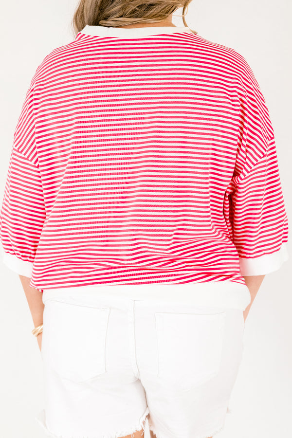 Chic Soul plus size clothing, hot pink striped short sleeve tip with white outlining the bottom of the sleeves neckline and going along the bottom of the top 
