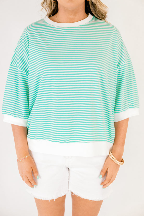 Chic Soul plus size clothing, bright mint green short sleeve cropped tee with thin white horizontal stripes and white trim around the collar, hem, and sleeves