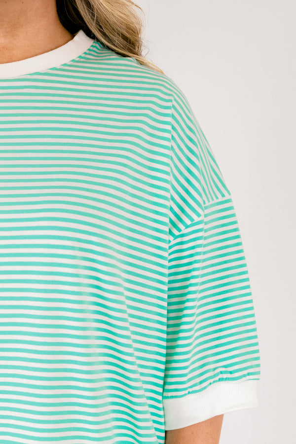 Chic Soul plus size clothing, bright mint green short sleeve cropped tee with thin white horizontal stripes and white trim around the collar, hem, and sleeves