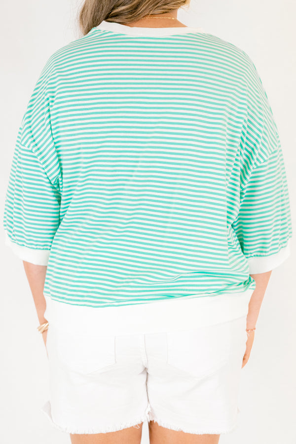 Chic Soul plus size clothing, bright mint green short sleeve cropped tee with thin white horizontal stripes and white trim around the collar, hem, and sleeves