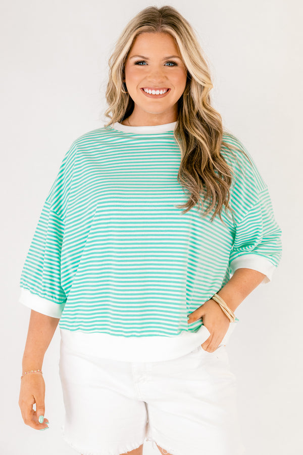 Chic Soul plus size clothing, bright mint green short sleeve cropped tee with thin white horizontal stripes and white trim around the collar, hem, and sleeves