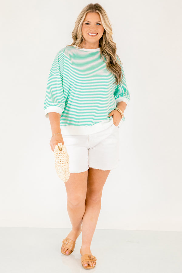 Chic Soul plus size clothing, bright mint green short sleeve cropped tee with thin white horizontal stripes and white trim around the collar, hem, and sleeves