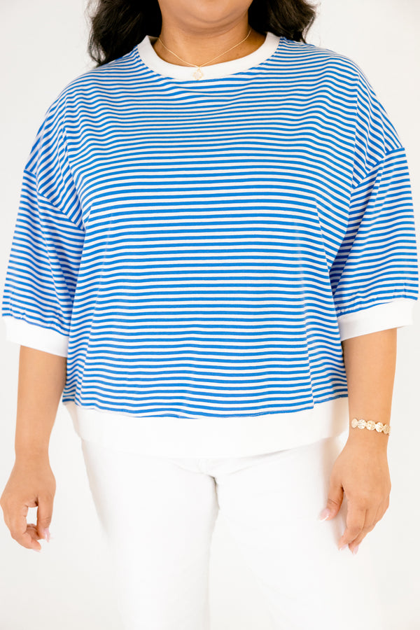 Chic Soul plus size clothing, ocean blue and white horizontal pin stripe mid sleeve top with white border along the crew neckline, bottom of sleeves, and bottom of top