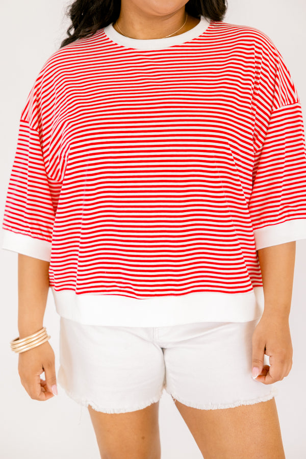 Chic Soul plus size clothing, red and white horizontal thin stripe cropped tee with thick white trim around the neck, sleeves, and hem 