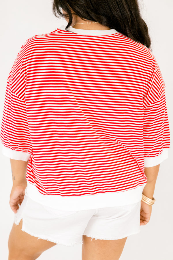 Chic Soul plus size clothing, red and white horizontal thin stripe cropped tee with thick white trim around the neck, sleeves, and hem 