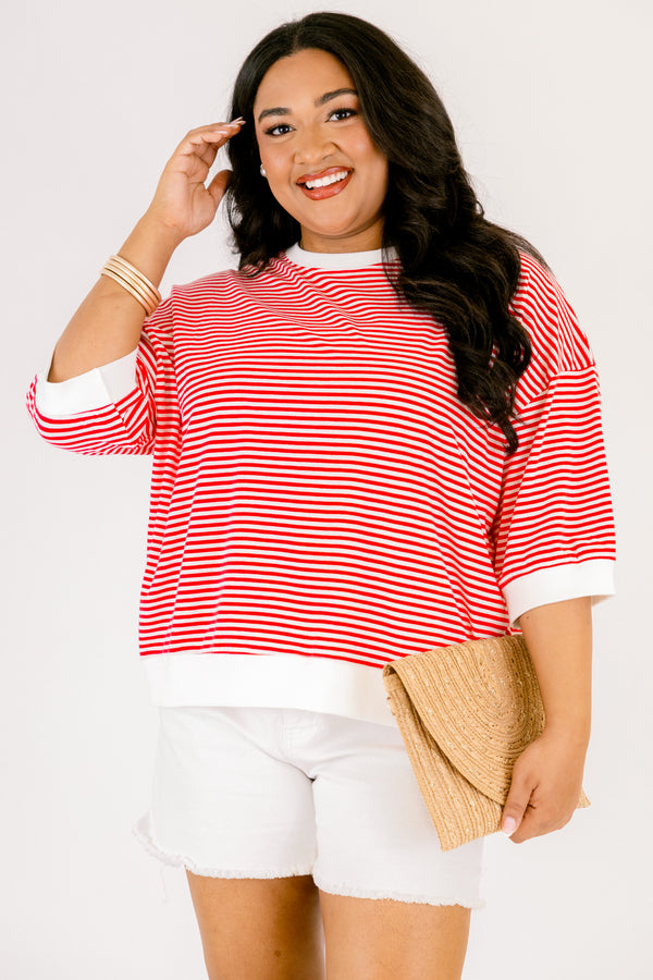 Chic Soul plus size clothing, red and white horizontal thin stripe cropped tee with thick white trim around the neck, sleeves, and hem 