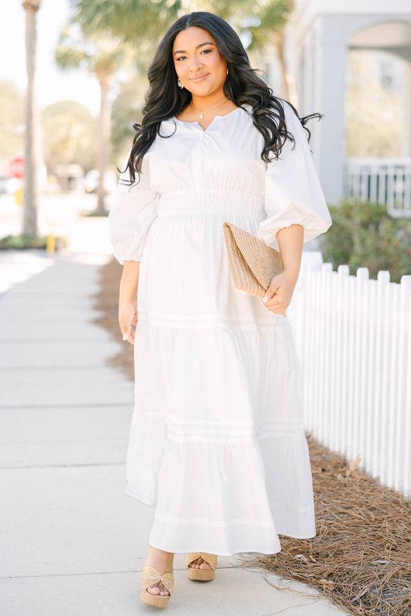 Chic Soul plus size clothing, white puff mid sleeve maxi dress with small v cut out at neckline and tiered skirt