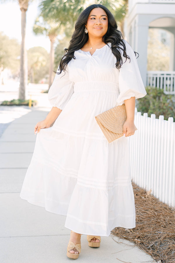 Chic Soul plus size clothing, white puff mid sleeve maxi dress with small v cut out at neckline and tiered skirt