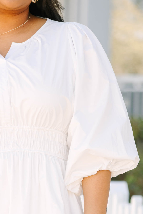 Chic Soul plus size clothing, white puff mid sleeve maxi dress with small v cut out at neckline and tiered skirt