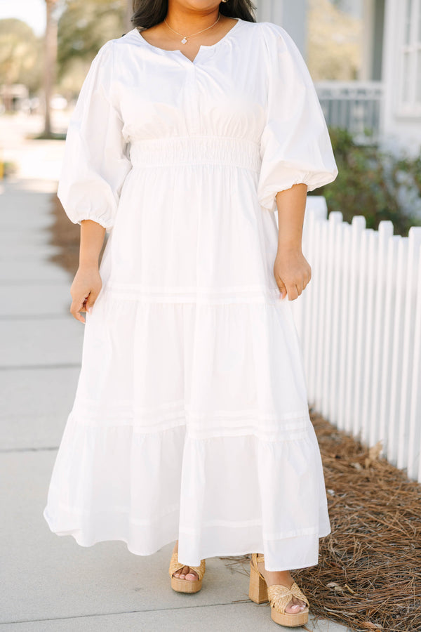 Chic Soul plus size clothing, white puff mid sleeve maxi dress with small v cut out at neckline and tiered skirt