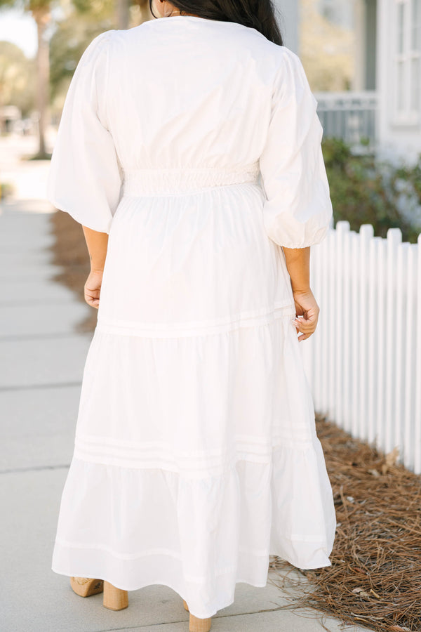 Chic Soul plus size clothing, white puff mid sleeve maxi dress with small v cut out at neckline and tiered skirt