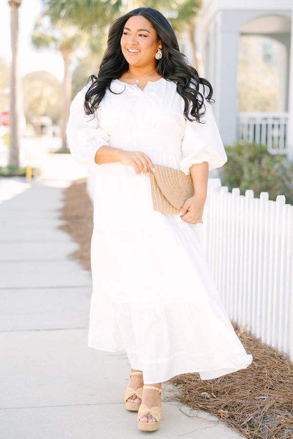 Chic Soul plus size clothing, white puff mid sleeve maxi dress with small v cut out at neckline and tiered skirt