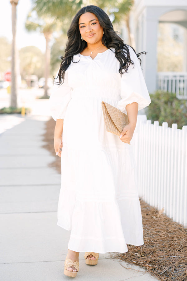 Chic Soul plus size clothing, white puff mid sleeve maxi dress with small v cut out at neckline and tiered skirt