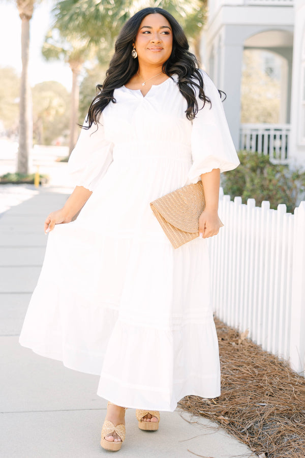 Chic Soul plus size clothing, white puff mid sleeve maxi dress with small v cut out at neckline and tiered skirt