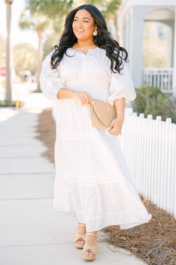 Chic Soul plus size clothing, white puff mid sleeve maxi dress with small v cut out at neckline and tiered skirt