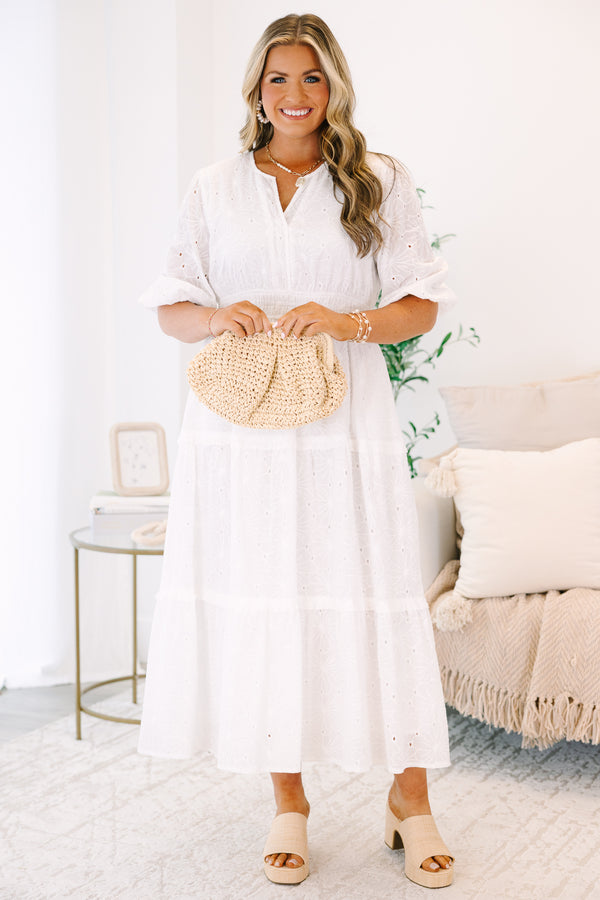 Plus Size white midi dress with eyelet embroidery, a smocked waist, and tiered skirt.